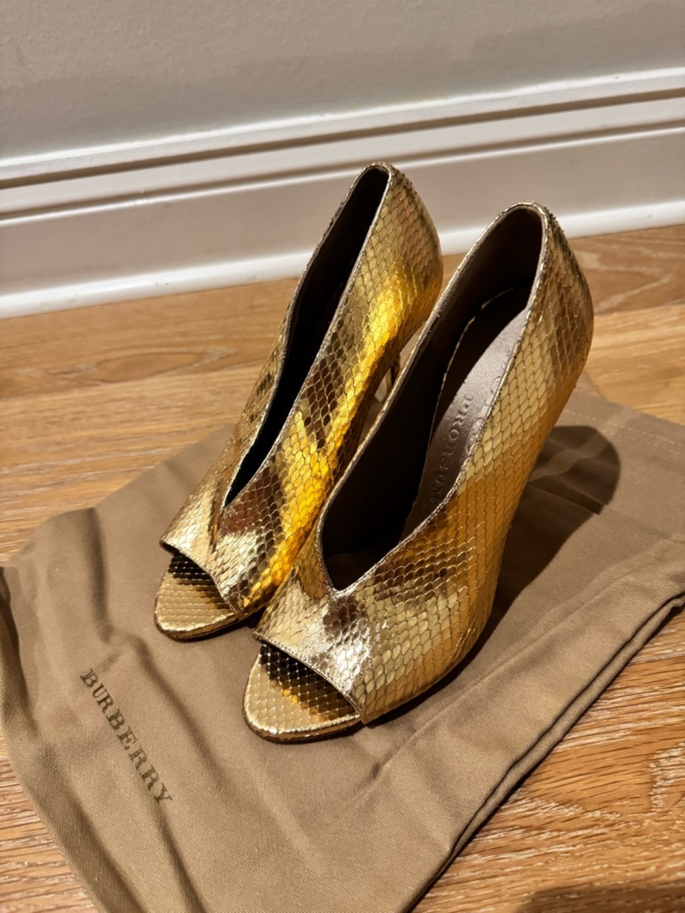 Burberry Gold Snakeskin Peep-Toe Heels - Picture 2 of 6